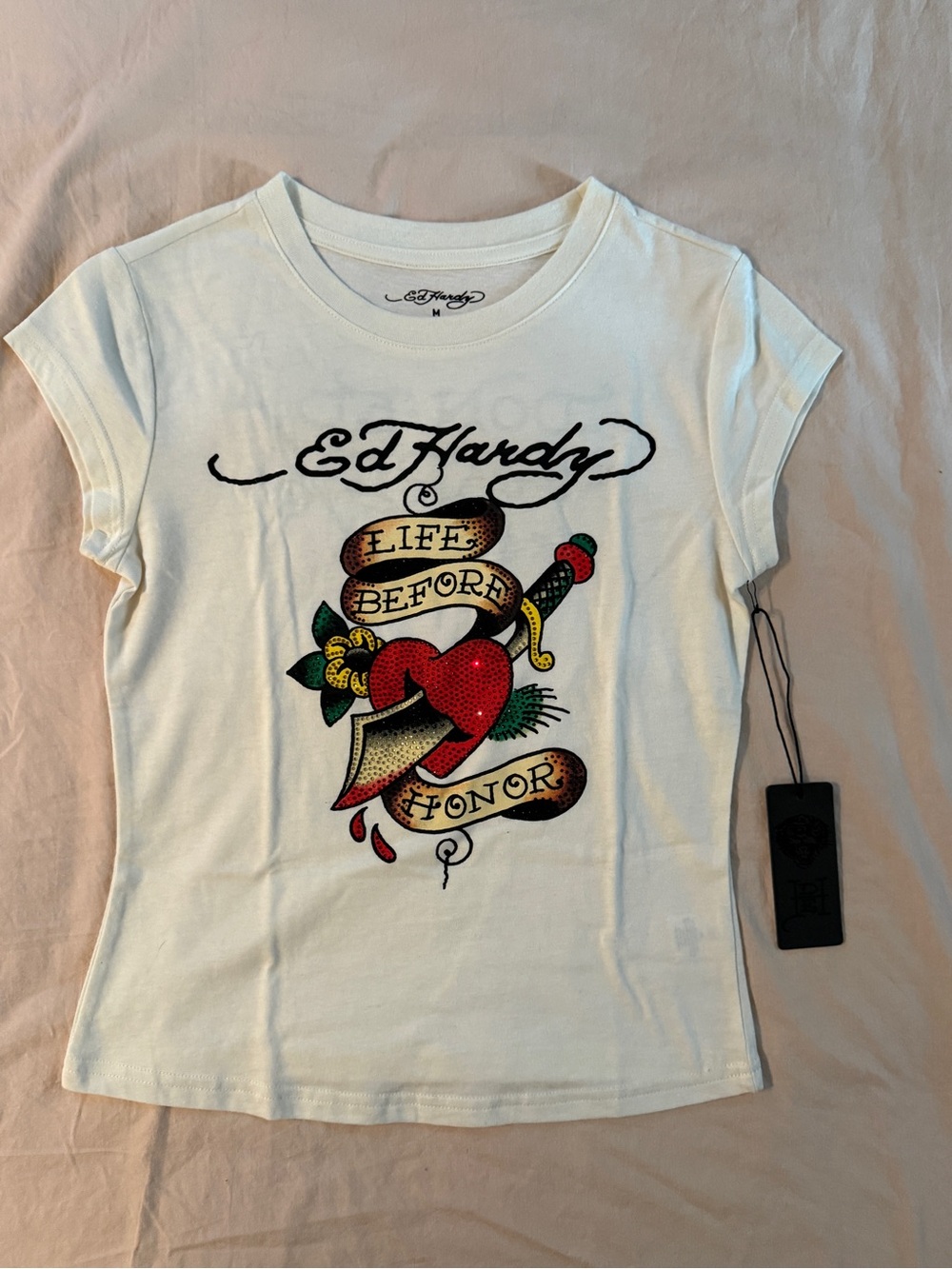 NWT Ed Hardy White Tee with Red Heart and Tattoo Banner
